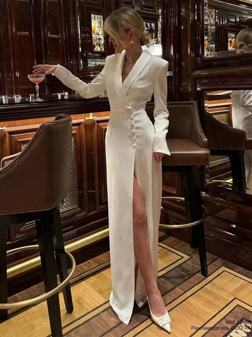Customized Straight Prom Dresses Floor-Length V-Neck Full Sleeve Evening Gown Simple Button Draped Fashion Party Dresses