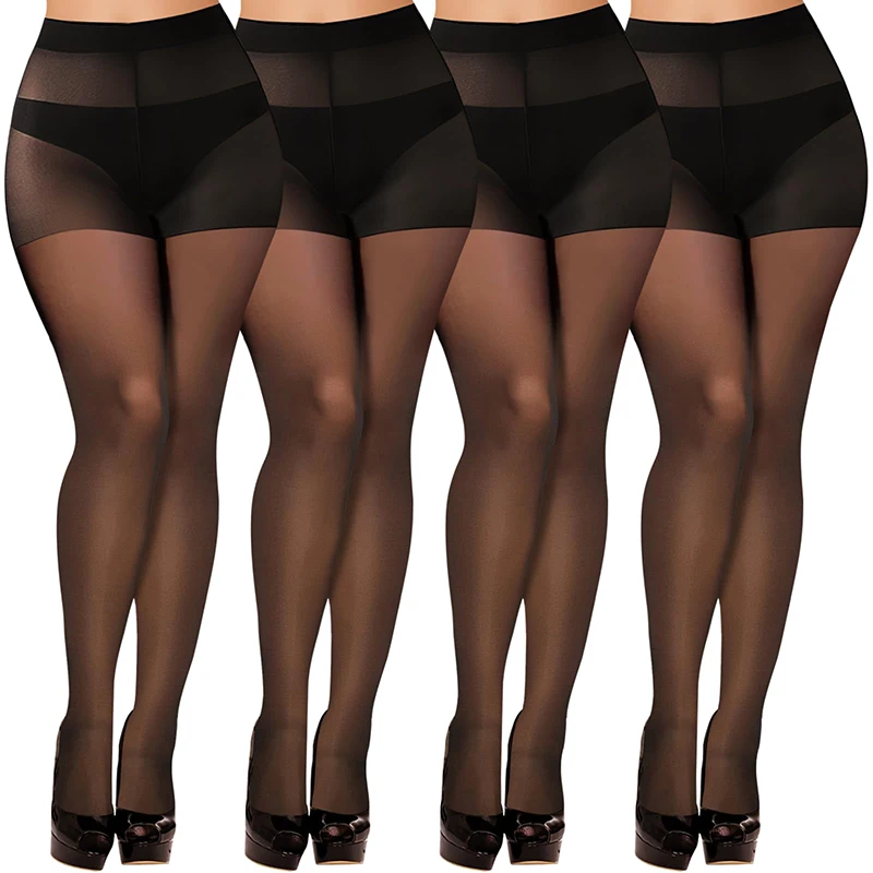 1/6 Pairs Plus Size 20D Black Sheer Tights Women High Waist Summer Ultra Thin Pantyhose Black Nylon Stockings Reinforced Toe