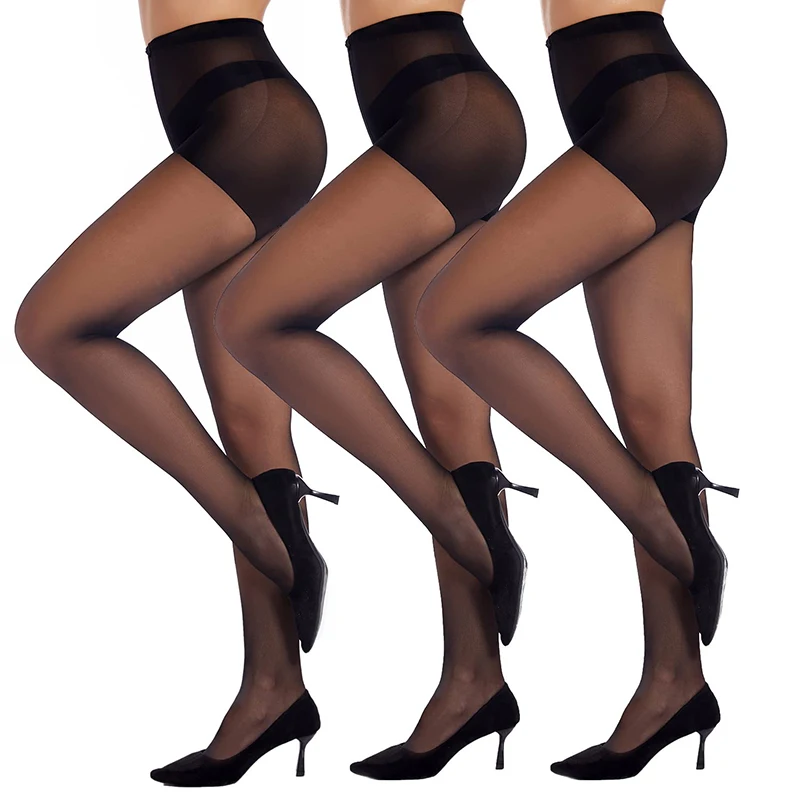 1/6 Pairs Plus Size 20D Black Sheer Tights Women High Waist Summer Ultra Thin Pantyhose Black Nylon Stockings Reinforced Toe
