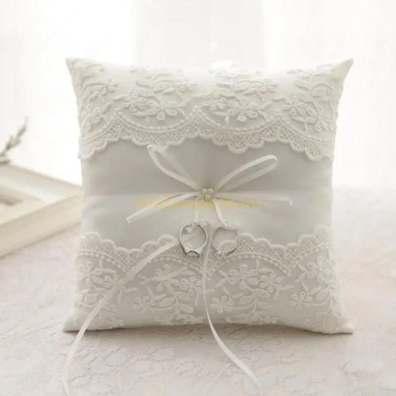 F2TD White Lace Wedding Rings Pillow Bridal Bearer Pillow Vintage Pillow