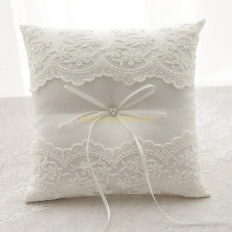 F2TD White Lace Wedding Rings Pillow Bridal Bearer Pillow Vintage Pillow
