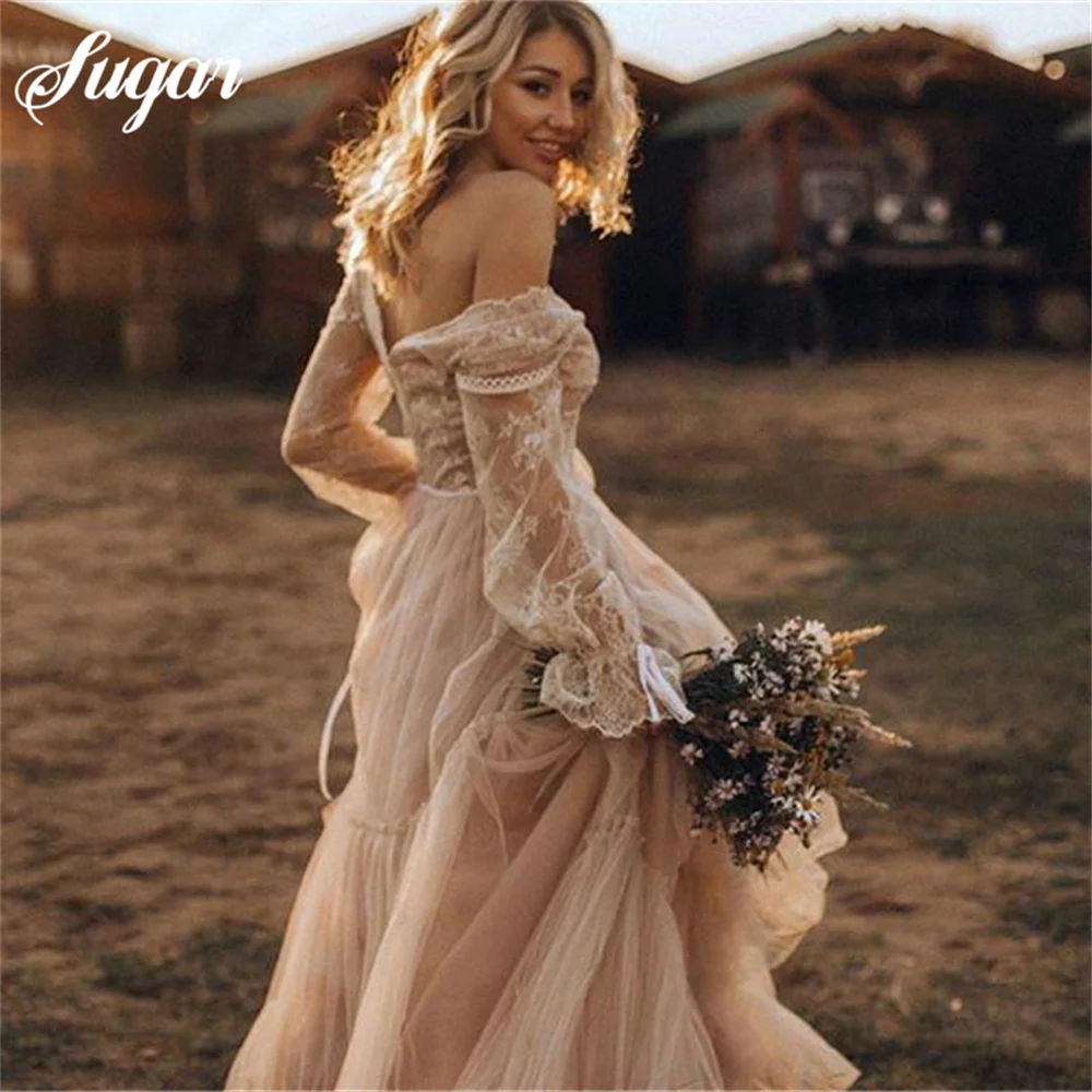 Charming Lace Garden Customized Wedding Dress Long Sleeve Sheer Arabic vestido de noiva Bridal Gown Ball Bride vestido novia