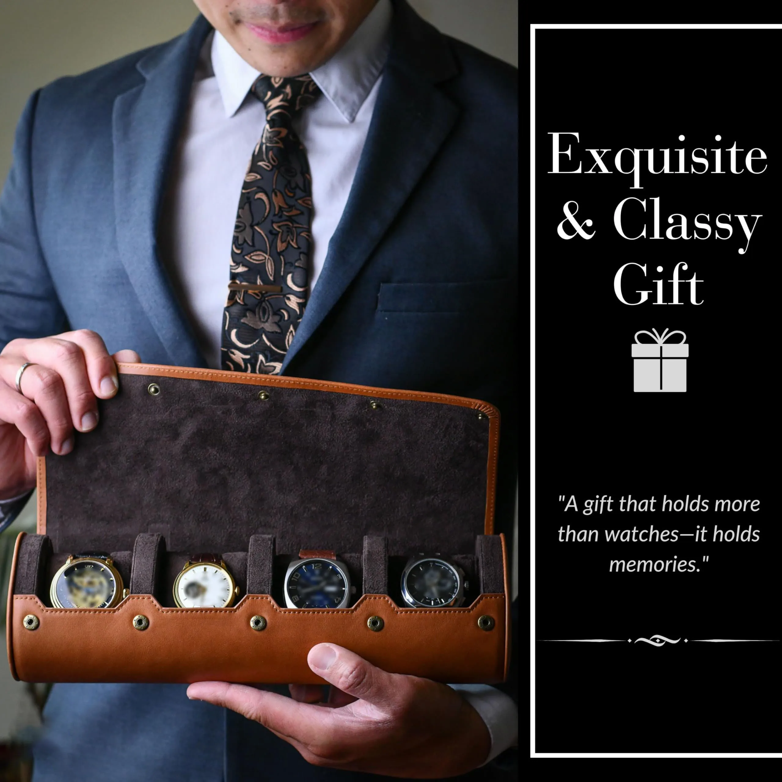 Watch Organizer Box Roll Case-PU Leather Watch Travel Case for Men and Women-4 Watch Carrying Case and Display, Watch Organizer