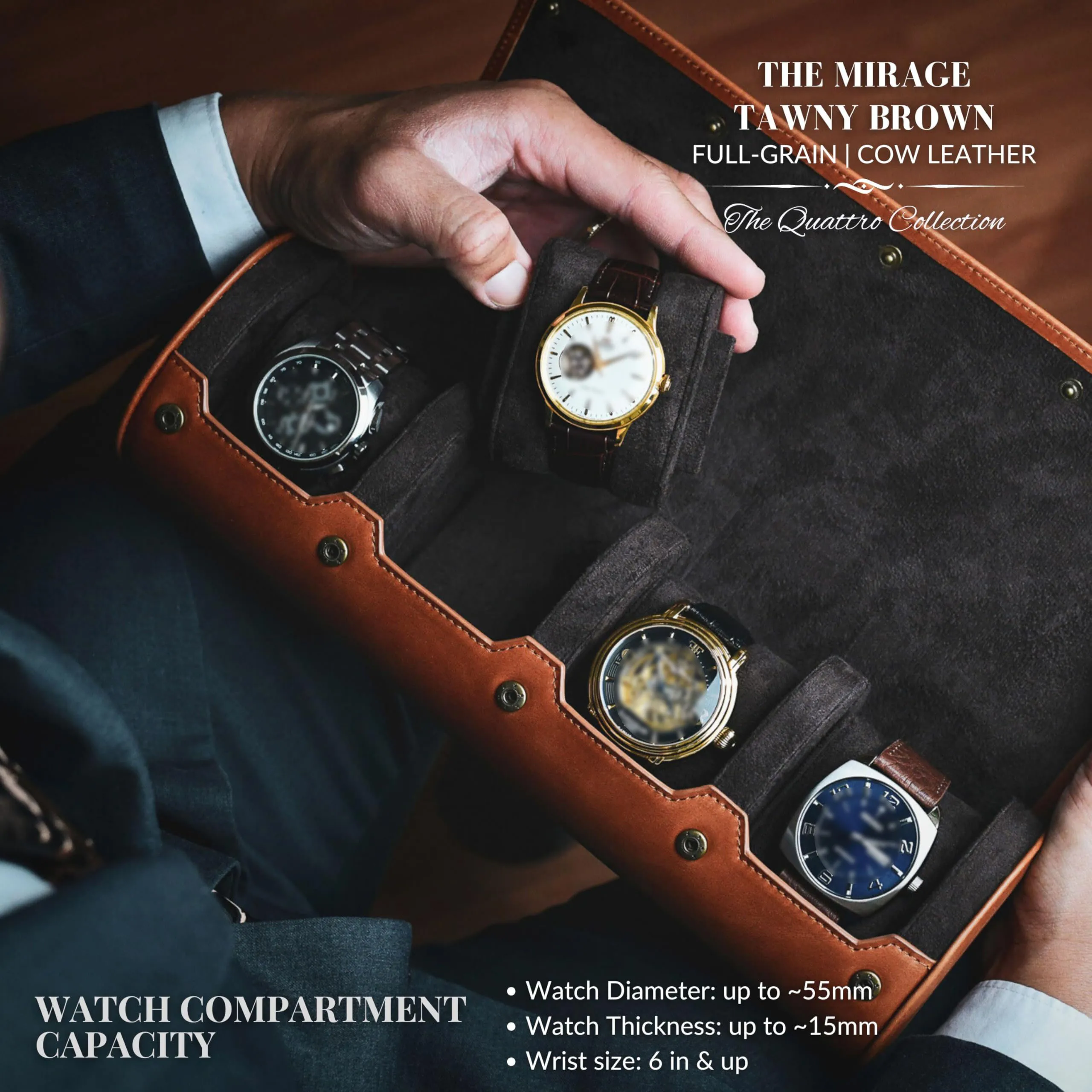 Watch Organizer Box Roll Case-PU Leather Watch Travel Case for Men and Women-4 Watch Carrying Case and Display, Watch Organizer