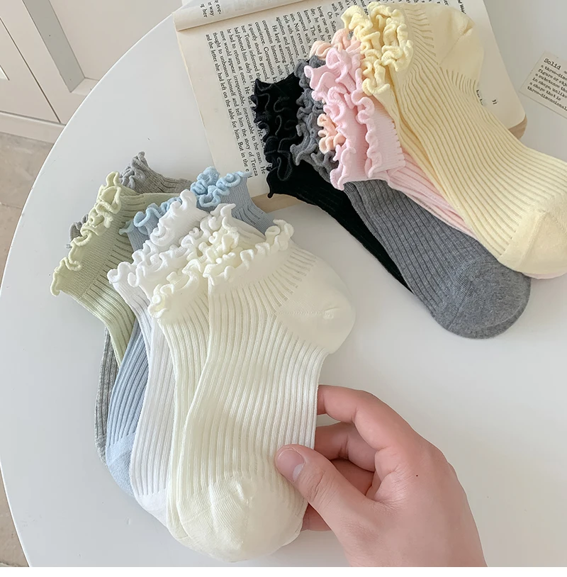 Socks For Women Summer New Plain Casual Daily Sweet Ruffle Socks Thin Breathable Hollow Out Fashion Frilly Female Short Socks