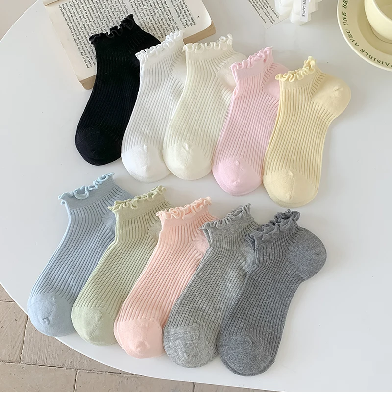 Socks For Women Summer New Plain Casual Daily Sweet Ruffle Socks Thin Breathable Hollow Out Fashion Frilly Female Short Socks