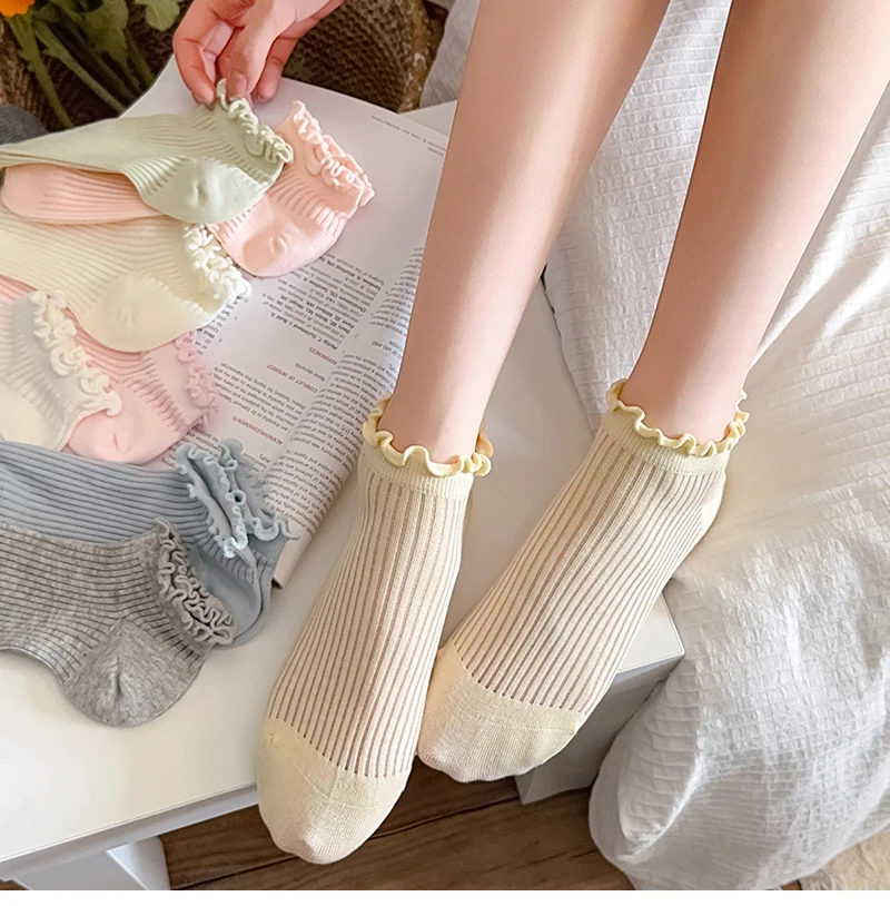 Socks For Women Summer New Plain Casual Daily Sweet Ruffle Socks Thin Breathable Hollow Out Fashion Frilly Female Short Socks