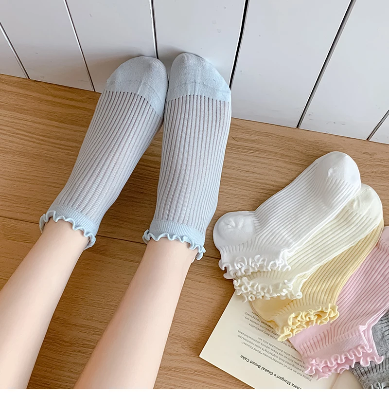 Socks For Women Summer New Plain Casual Daily Sweet Ruffle Socks Thin Breathable Hollow Out Fashion Frilly Female Short Socks