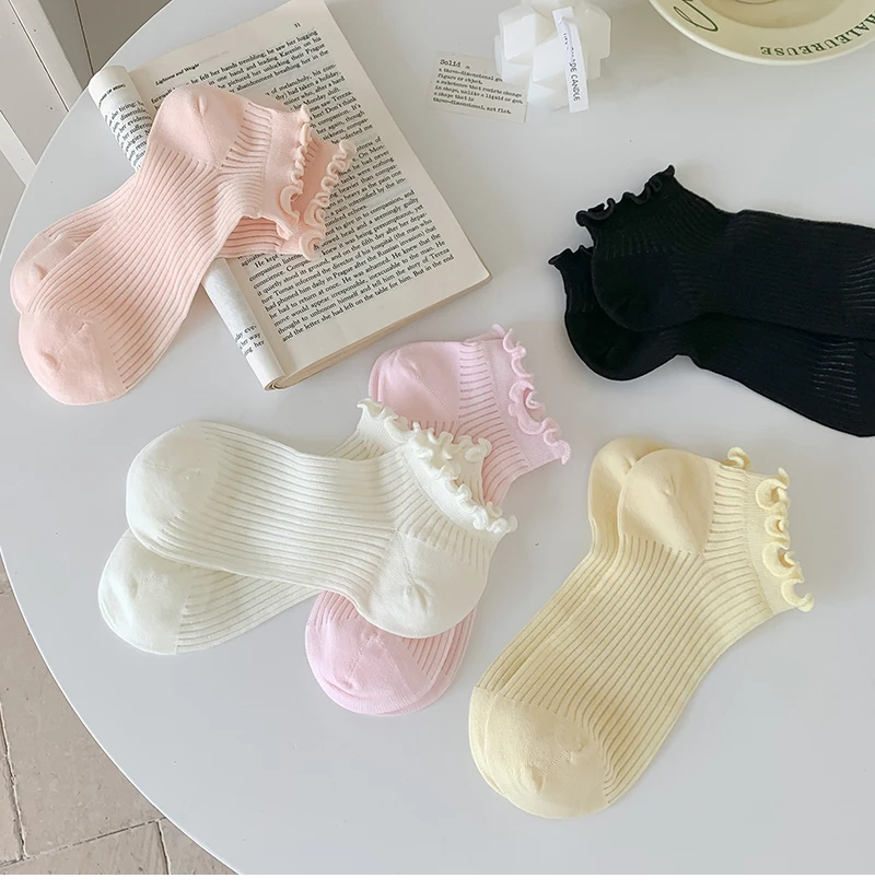 Socks For Women Summer New Plain Casual Daily Sweet Ruffle Socks Thin Breathable Hollow Out Fashion Frilly Female Short Socks