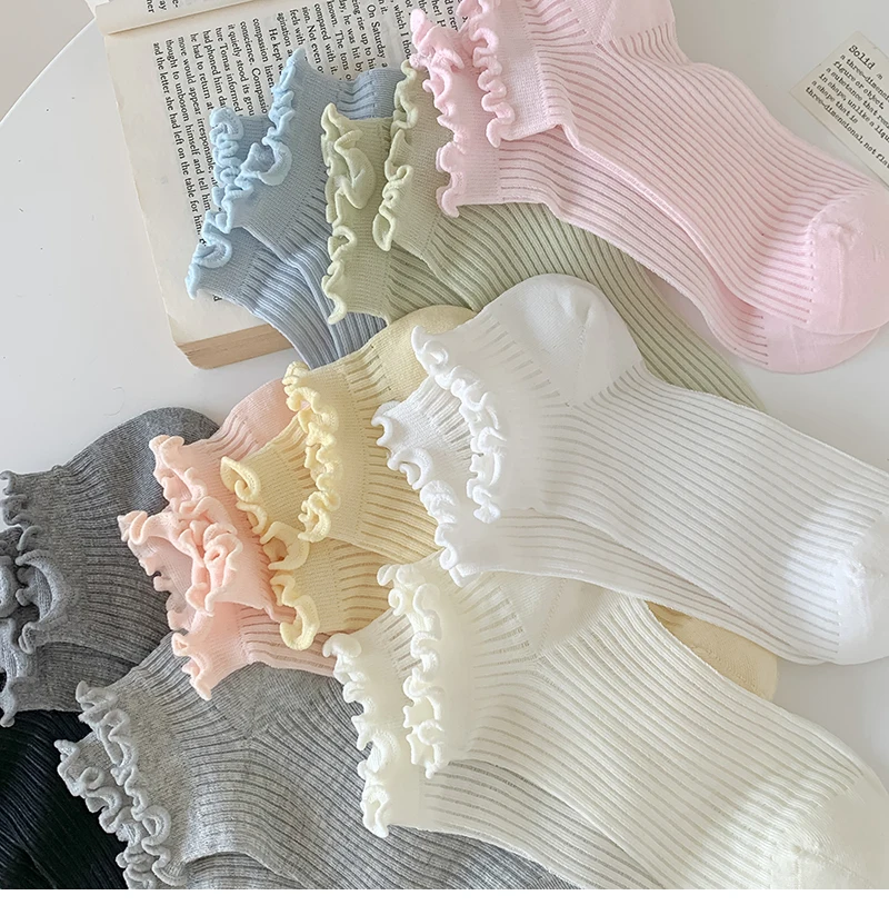 Socks For Women Summer New Plain Casual Daily Sweet Ruffle Socks Thin Breathable Hollow Out Fashion Frilly Female Short Socks