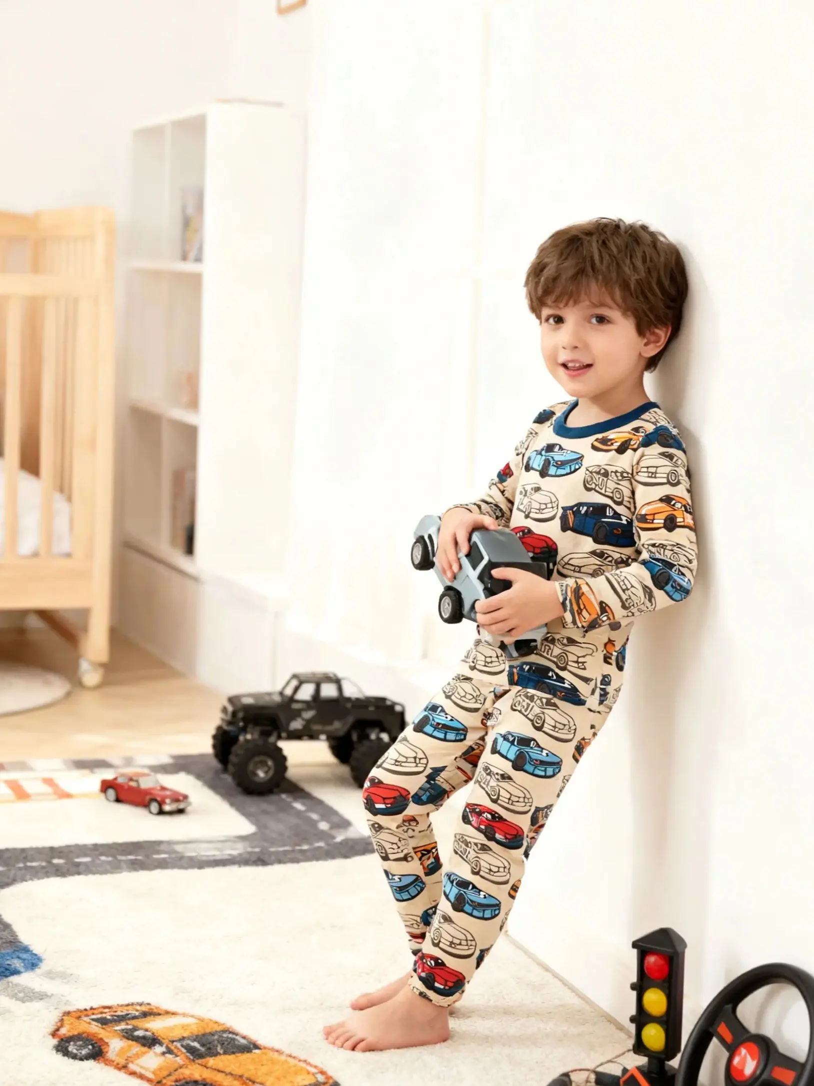Children's Clothes 100% Cotton Pajama Set for Boys, Fully Printed Cartoon Car Children's Sleepwear Set for 1-8 Years