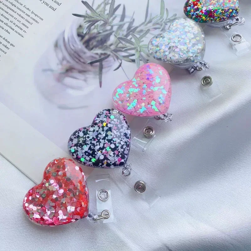 Sequin Heart Retractable Badge Reel Lanyards ID Name Card Badge Holder Nurse Pink Employee Card Alligator Clip Office Supplies
