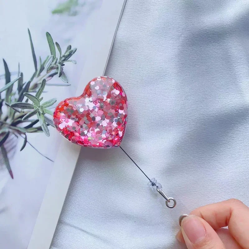 Sequin Heart Retractable Badge Reel Lanyards ID Name Card Badge Holder Nurse Pink Employee Card Alligator Clip Office Supplies