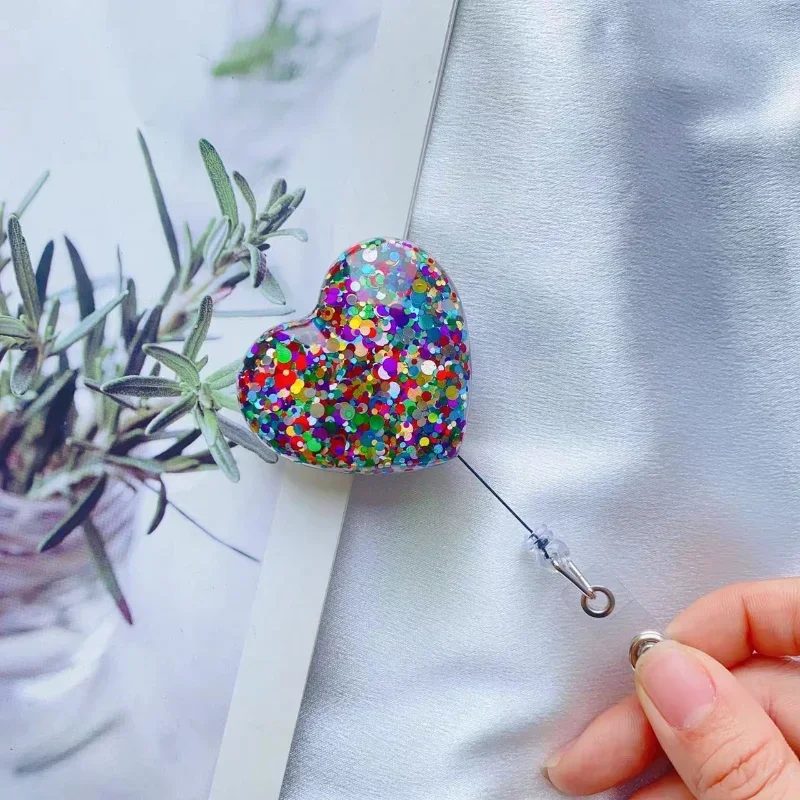 Sequin Heart Retractable Badge Reel Lanyards ID Name Card Badge Holder Nurse Pink Employee Card Alligator Clip Office Supplies