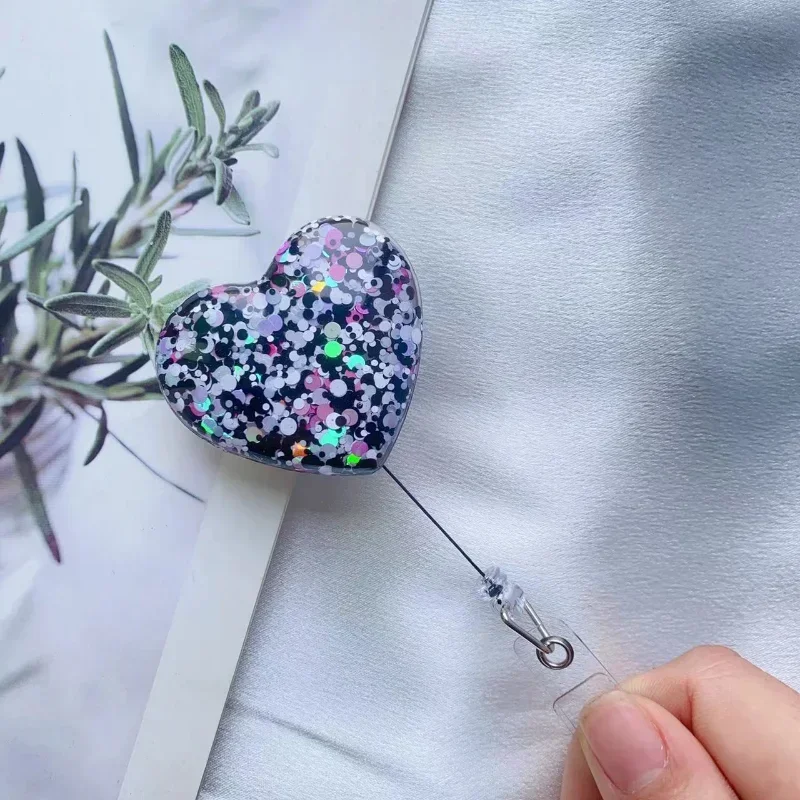 Sequin Heart Retractable Badge Reel Lanyards ID Name Card Badge Holder Nurse Pink Employee Card Alligator Clip Office Supplies