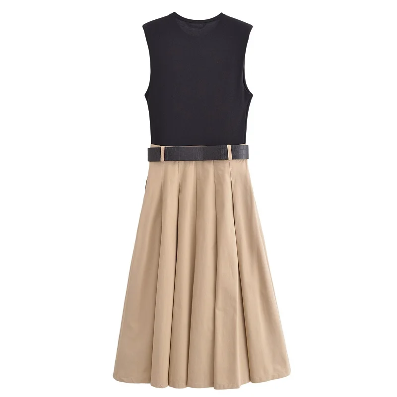 MUJER 2025 Woman Dresses Belt Pleated Midi Dress Women Sleeveless Summer Dress Woman Knitted Party Dresses for Women Sundress