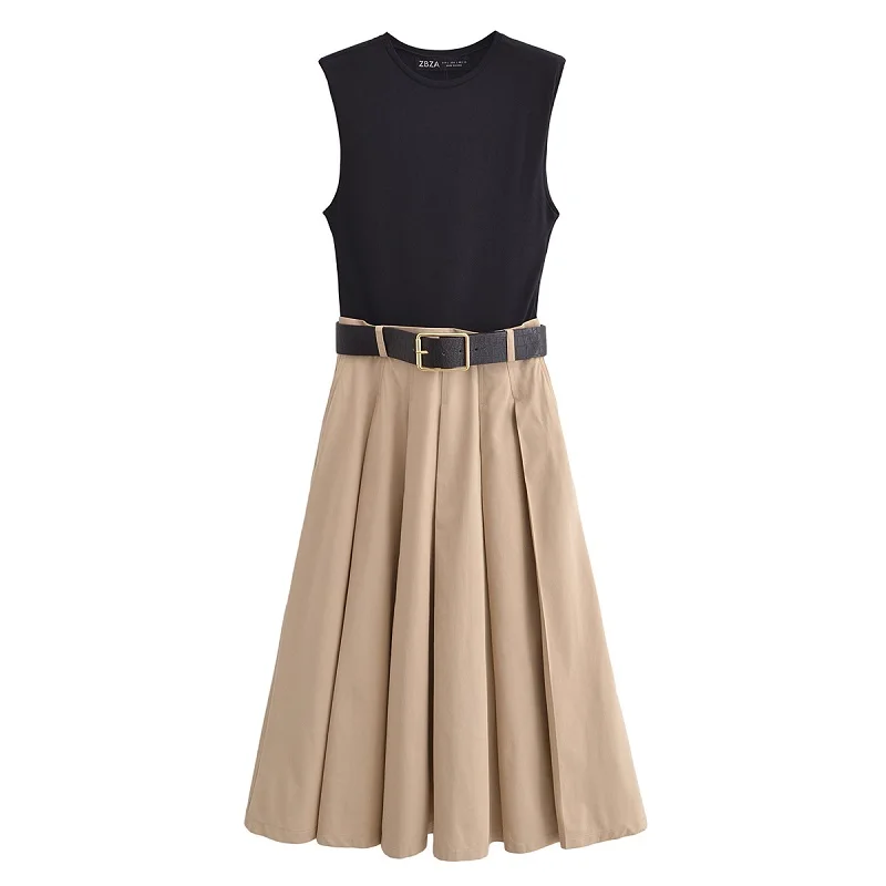 MUJER 2025 Woman Dresses Belt Pleated Midi Dress Women Sleeveless Summer Dress Woman Knitted Party Dresses for Women Sundress
