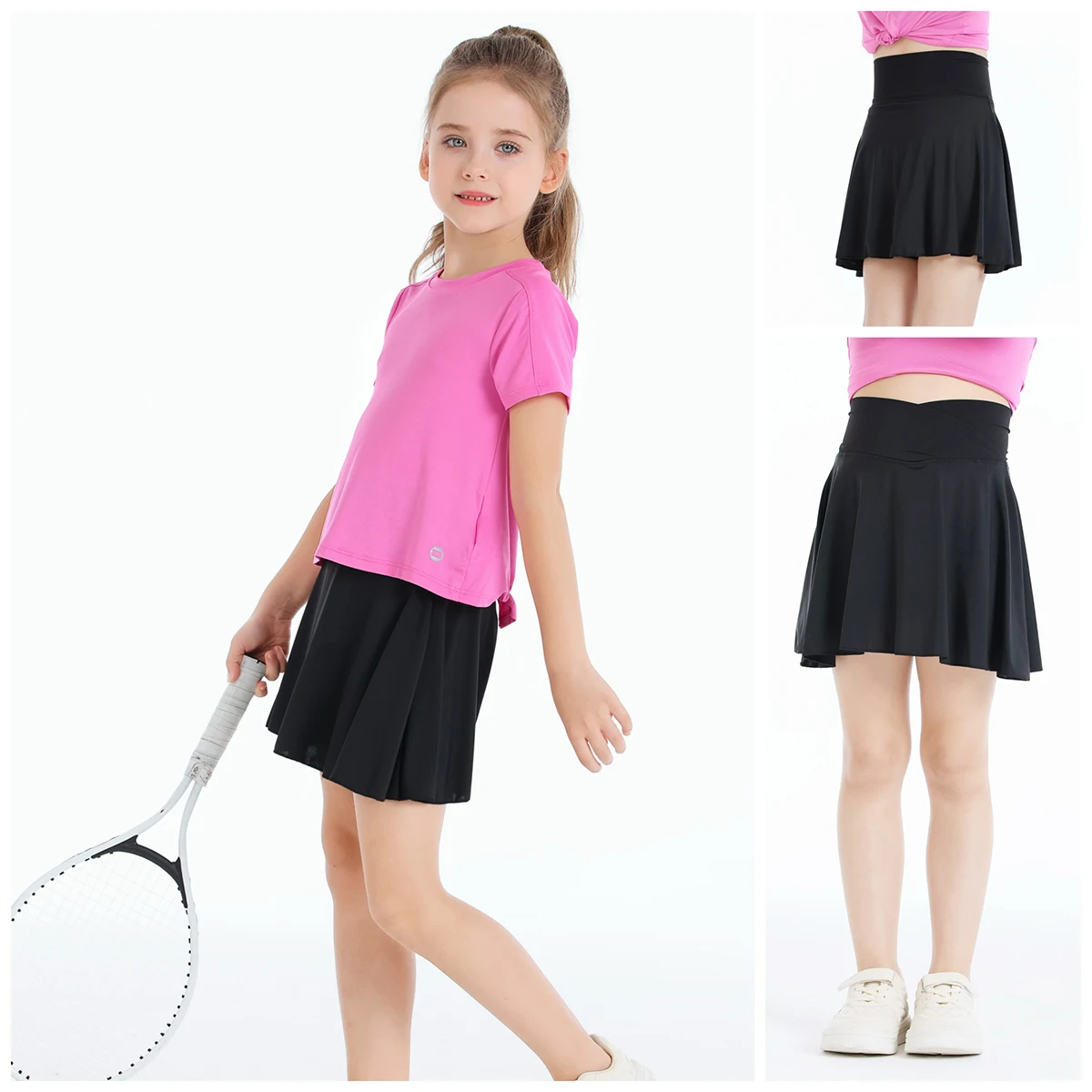 Girls Tennis Athletic Skirt with Side Pocket Shorts High Waist Active Skort for Girls Kids Teen FW103