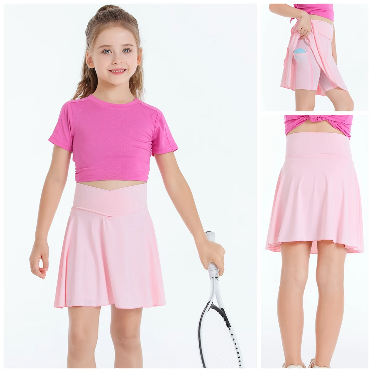 Girls Tennis Athletic Skirt with Side Pocket Shorts High Waist Active Skort for Girls Kids Teen FW103