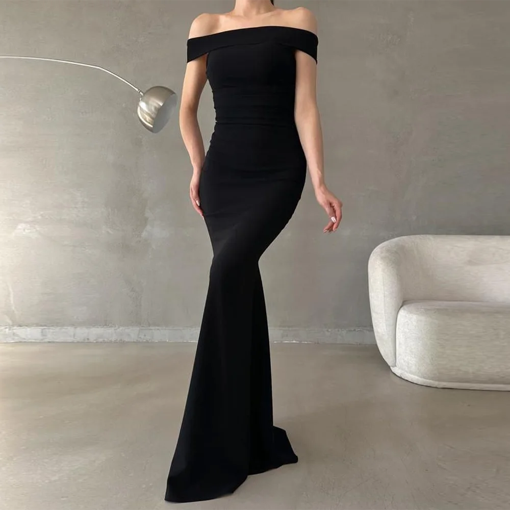 Customized Tight Fitting A-Line Prom Dresses Floor-Length Boat Neck Sleeveless Evening Gown Off The Shoulder Backless Party Gown