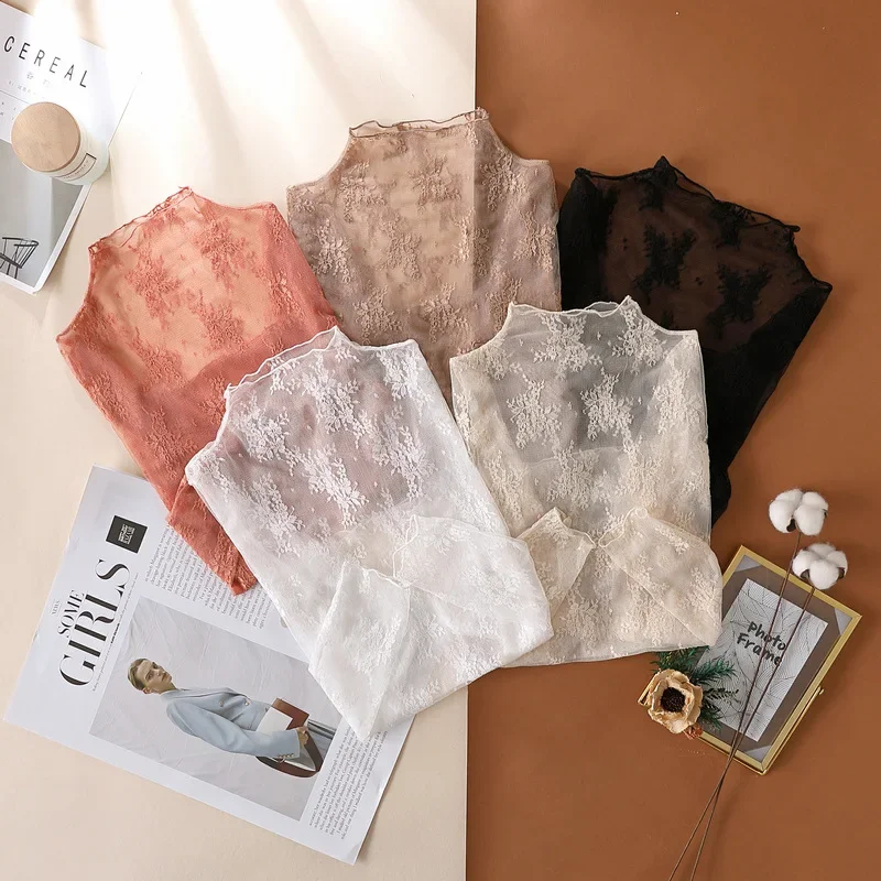 New Women Floral Lace Shirt Spring Autumn Long Sleeve Sexy Mesh Bottoming Shirts Mock Neck Blouse T-Shirt Pullover Top
