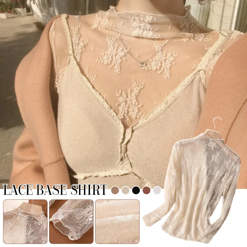New Women Floral Lace Shirt Spring Autumn Long Sleeve Sexy Mesh Bottoming Shirts Mock Neck Blouse T-Shirt Pullover Top