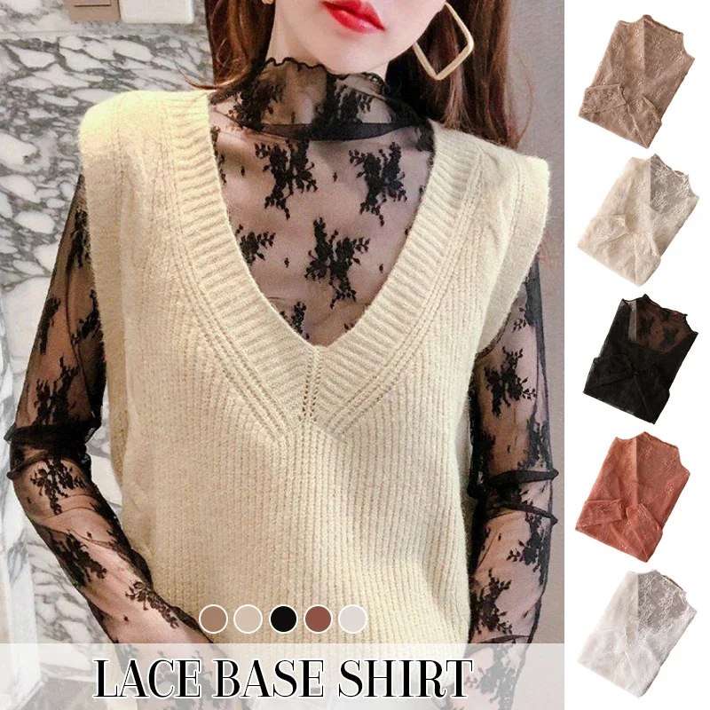 New Women Floral Lace Shirt Spring Autumn Long Sleeve Sexy Mesh Bottoming Shirts Mock Neck Blouse T-Shirt Pullover Top
