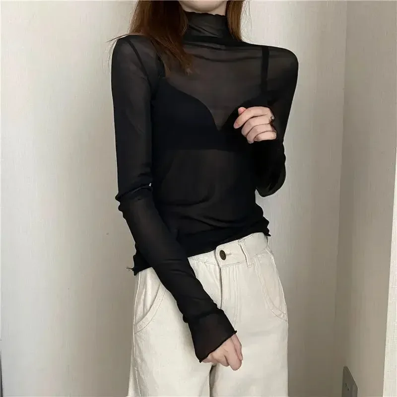 New Women Floral Lace Shirt Spring Autumn Long Sleeve Sexy Mesh Bottoming Shirts Mock Neck Blouse T-Shirt Pullover Top