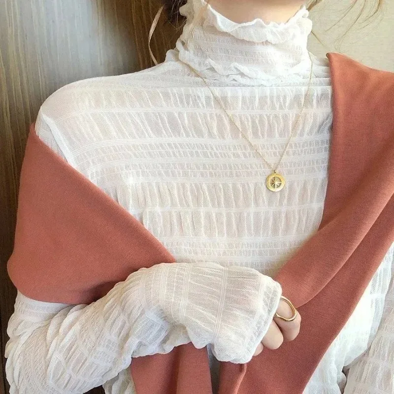 New Women Floral Lace Shirt Spring Autumn Long Sleeve Sexy Mesh Bottoming Shirts Mock Neck Blouse T-Shirt Pullover Top