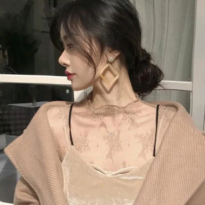 New Women Floral Lace Shirt Spring Autumn Long Sleeve Sexy Mesh Bottoming Shirts Mock Neck Blouse T-Shirt Pullover Top