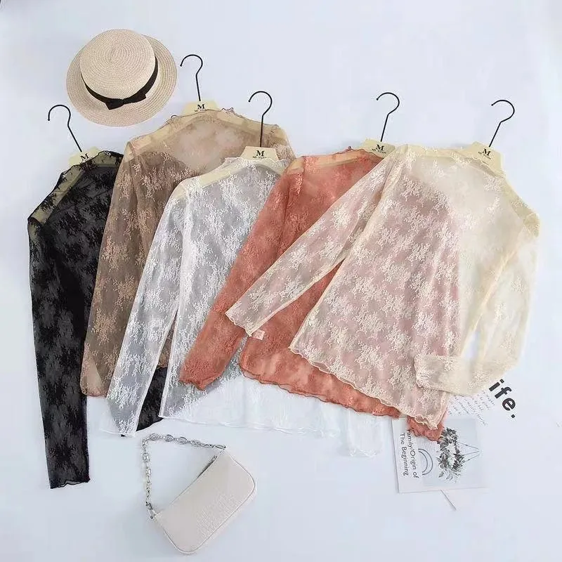 New Women Floral Lace Shirt Spring Autumn Long Sleeve Sexy Mesh Bottoming Shirts Mock Neck Blouse T-Shirt Pullover Top