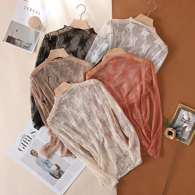 New Women Floral Lace Shirt Spring Autumn Long Sleeve Sexy Mesh Bottoming Shirts Mock Neck Blouse T-Shirt Pullover Top