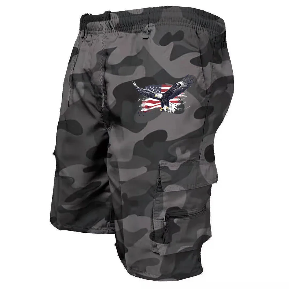 Male Cargo Shorts Elastic Waist Cycling Shorts Multi-pockets Loose Work Short Pants Outdoor Sport Printed Casual Shorts
