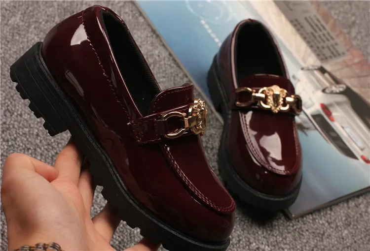 2025 for Children Platform Black Patent Leather Chain Fashion Boys Girls Flat Shoes Four Season Elegant 26-36 Kids Shoe