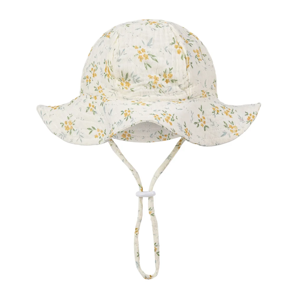 Floral Print Baby Bucket Hats Adjustable Solid Caps for Infant Boys Girls Sunscreen Outdoor Beanies Beach Fishing Headwraps