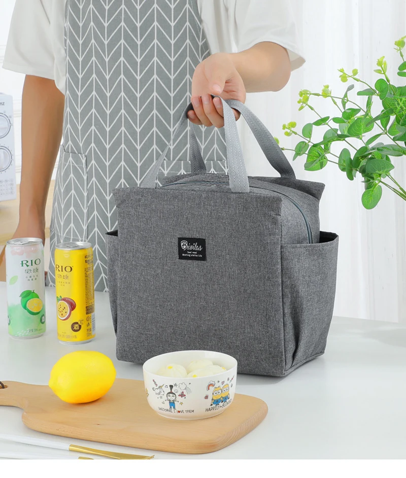 1PC Insulated Lunch Bag With 2 Side Pockets Large Capacity Thermal Lunch Box Bag To School Picnic Work Insulated Freezer Bag