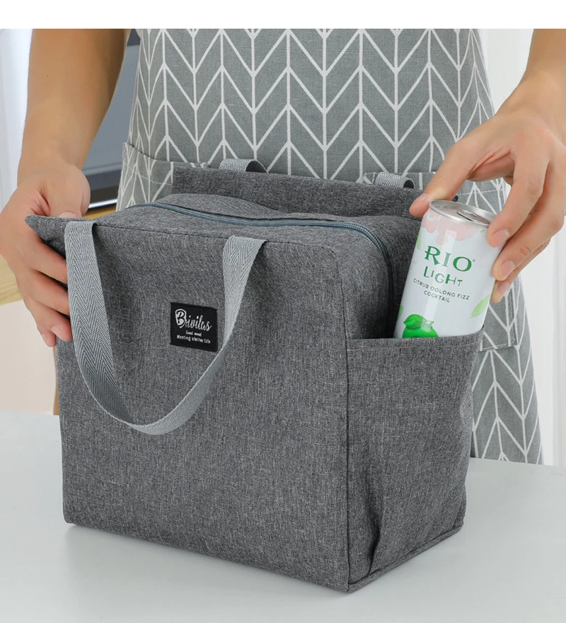 1PC Insulated Lunch Bag With 2 Side Pockets Large Capacity Thermal Lunch Box Bag To School Picnic Work Insulated Freezer Bag
