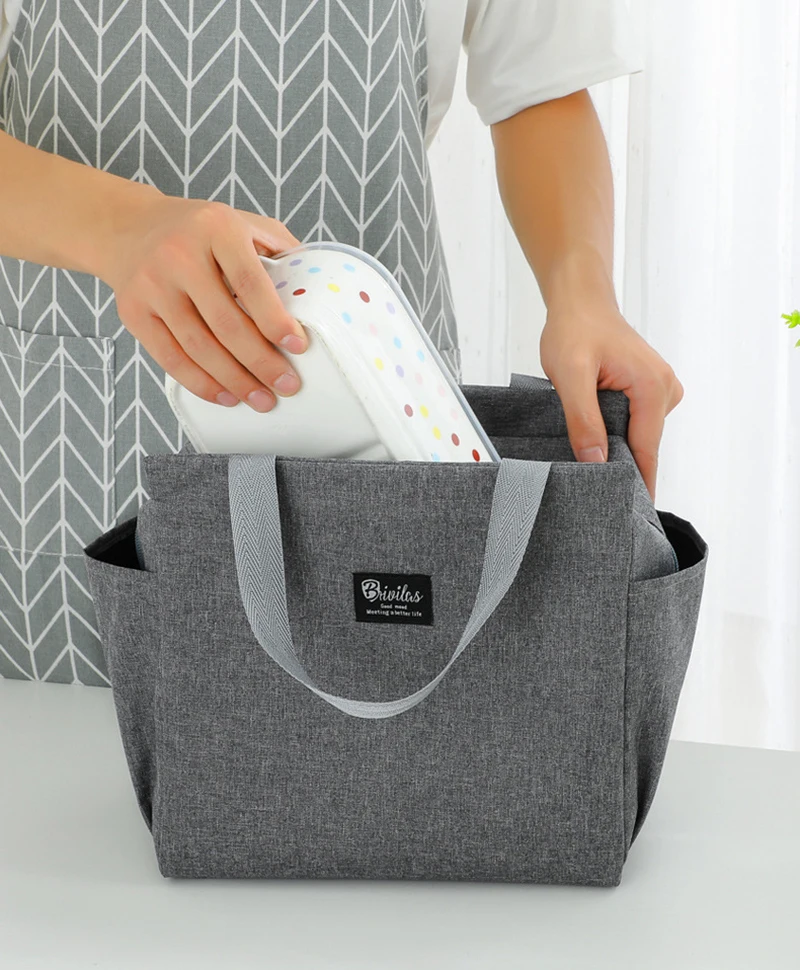 1PC Insulated Lunch Bag With 2 Side Pockets Large Capacity Thermal Lunch Box Bag To School Picnic Work Insulated Freezer Bag