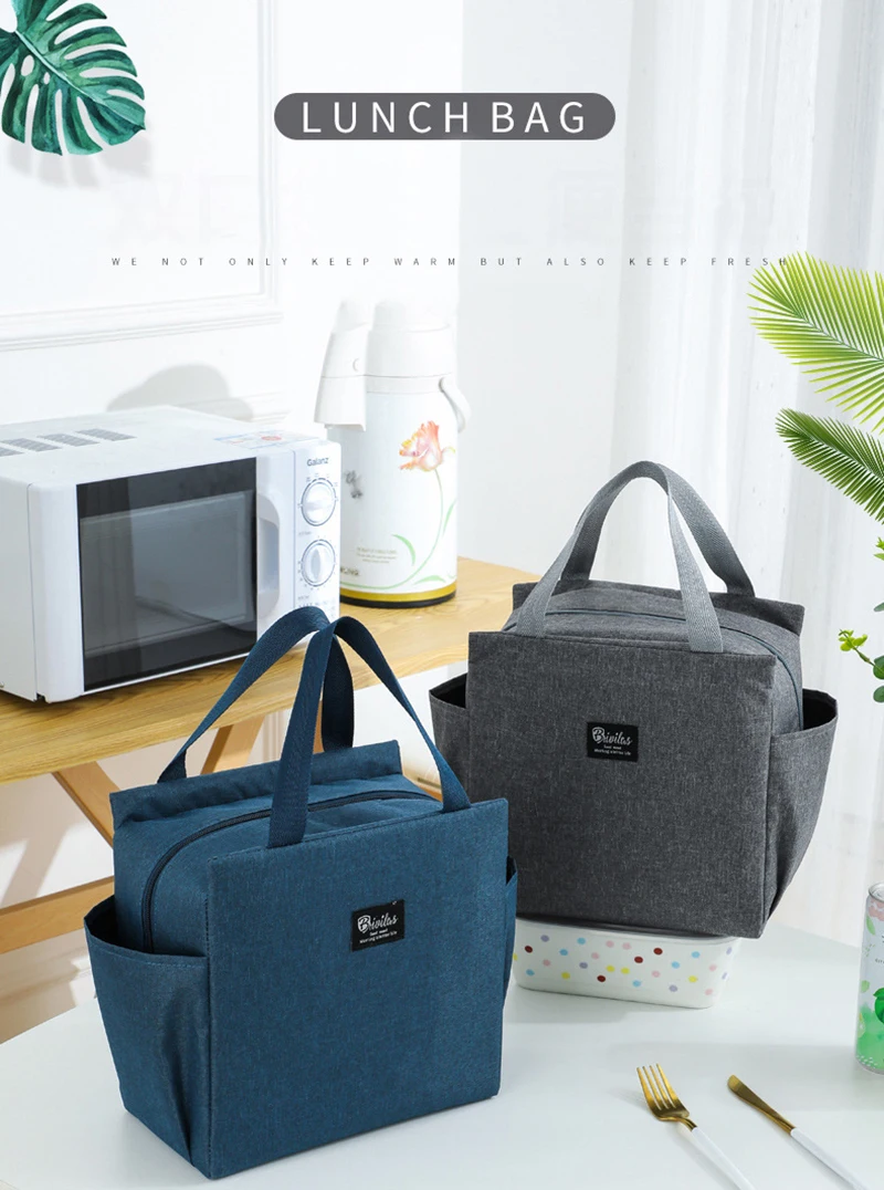 1PC Insulated Lunch Bag With 2 Side Pockets Large Capacity Thermal Lunch Box Bag To School Picnic Work Insulated Freezer Bag