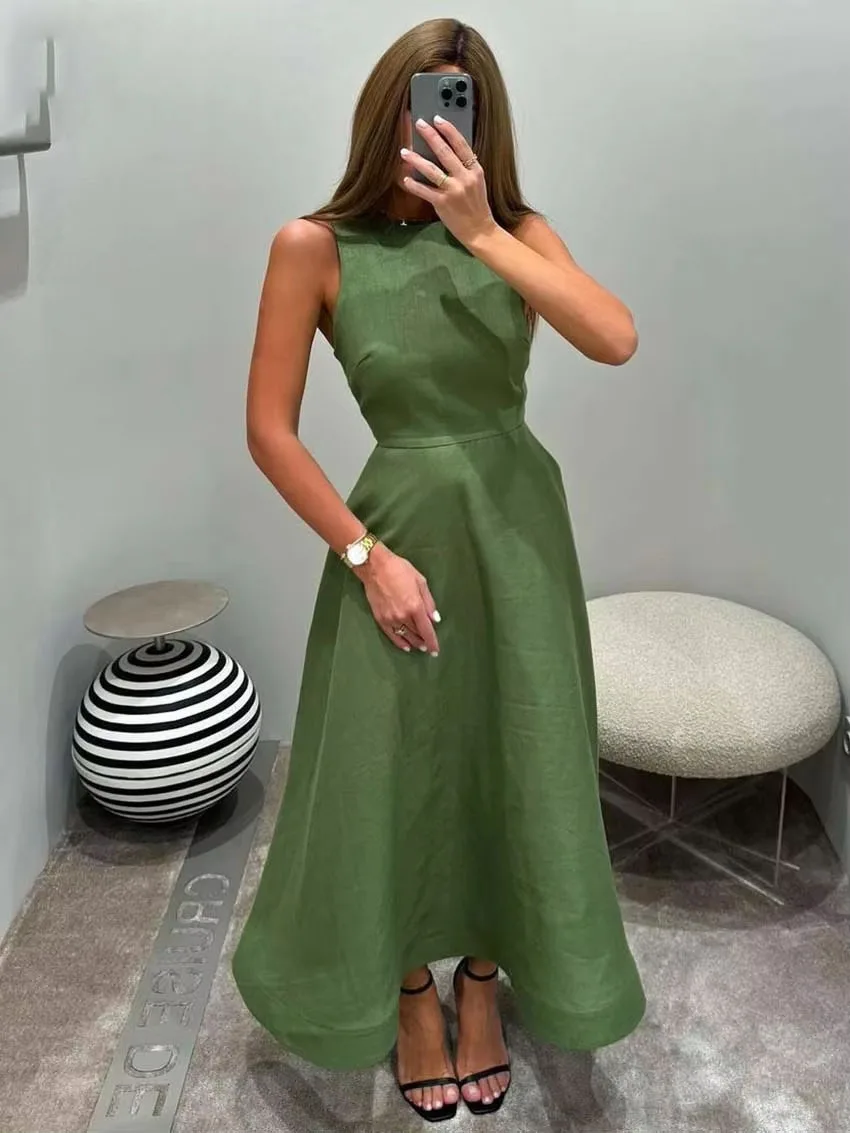Customized A-Line Prom Dresses Tea-Length O-Neck Sleeveless Evening Gown Simple Draped Fashion Casual Homecoming Dresses