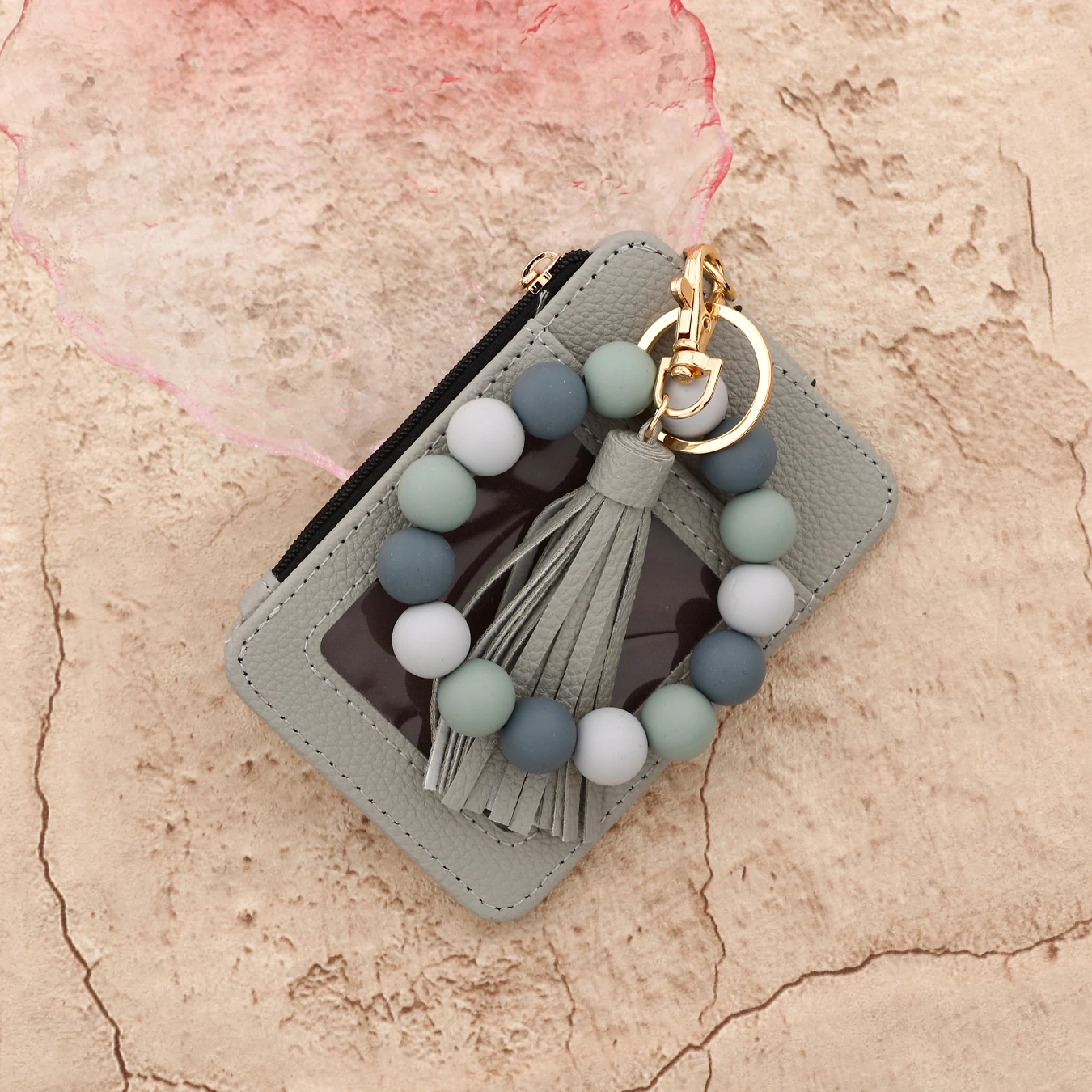 2025 Silicone bead pu leather key chain wristlet id credit card holder keychain wallet for women with bangle bracelet