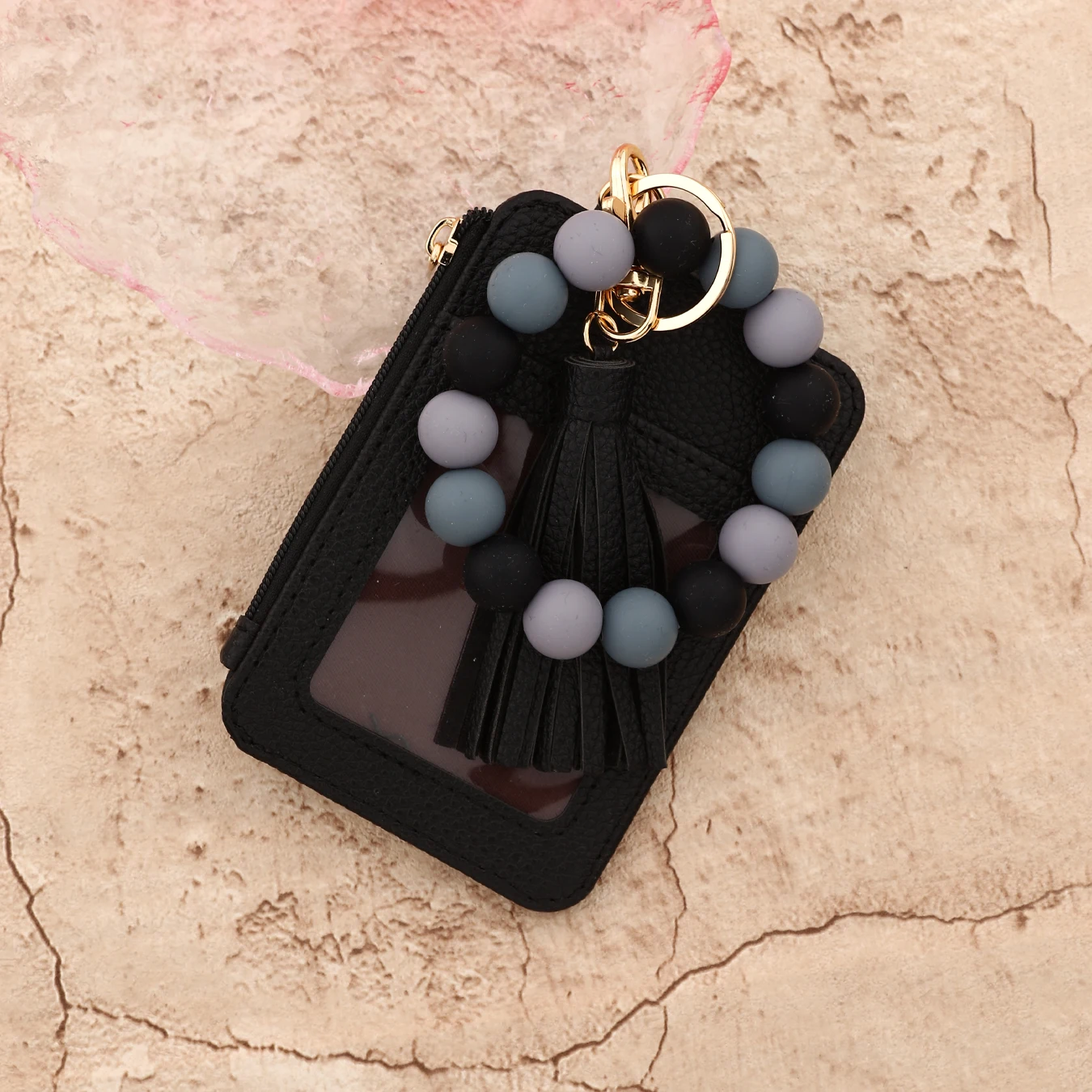 2025 Silicone bead pu leather key chain wristlet id credit card holder keychain wallet for women with bangle bracelet