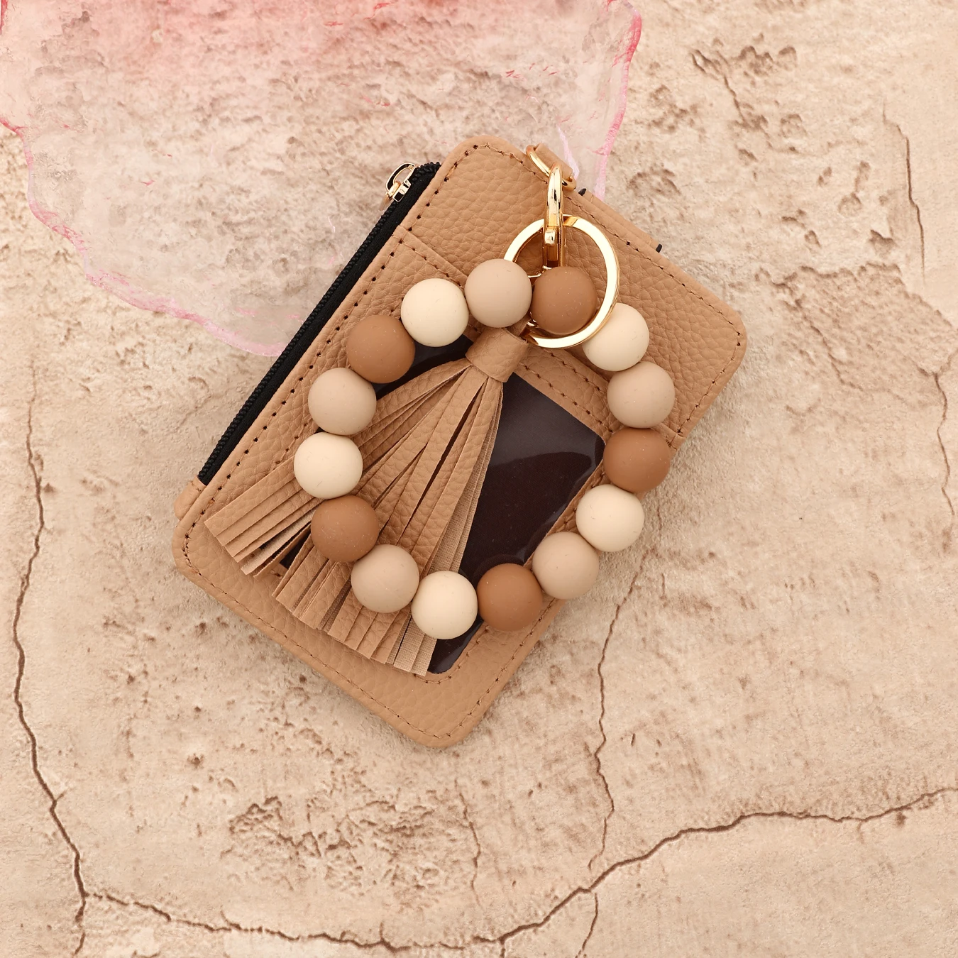 2025 Silicone bead pu leather key chain wristlet id credit card holder keychain wallet for women with bangle bracelet