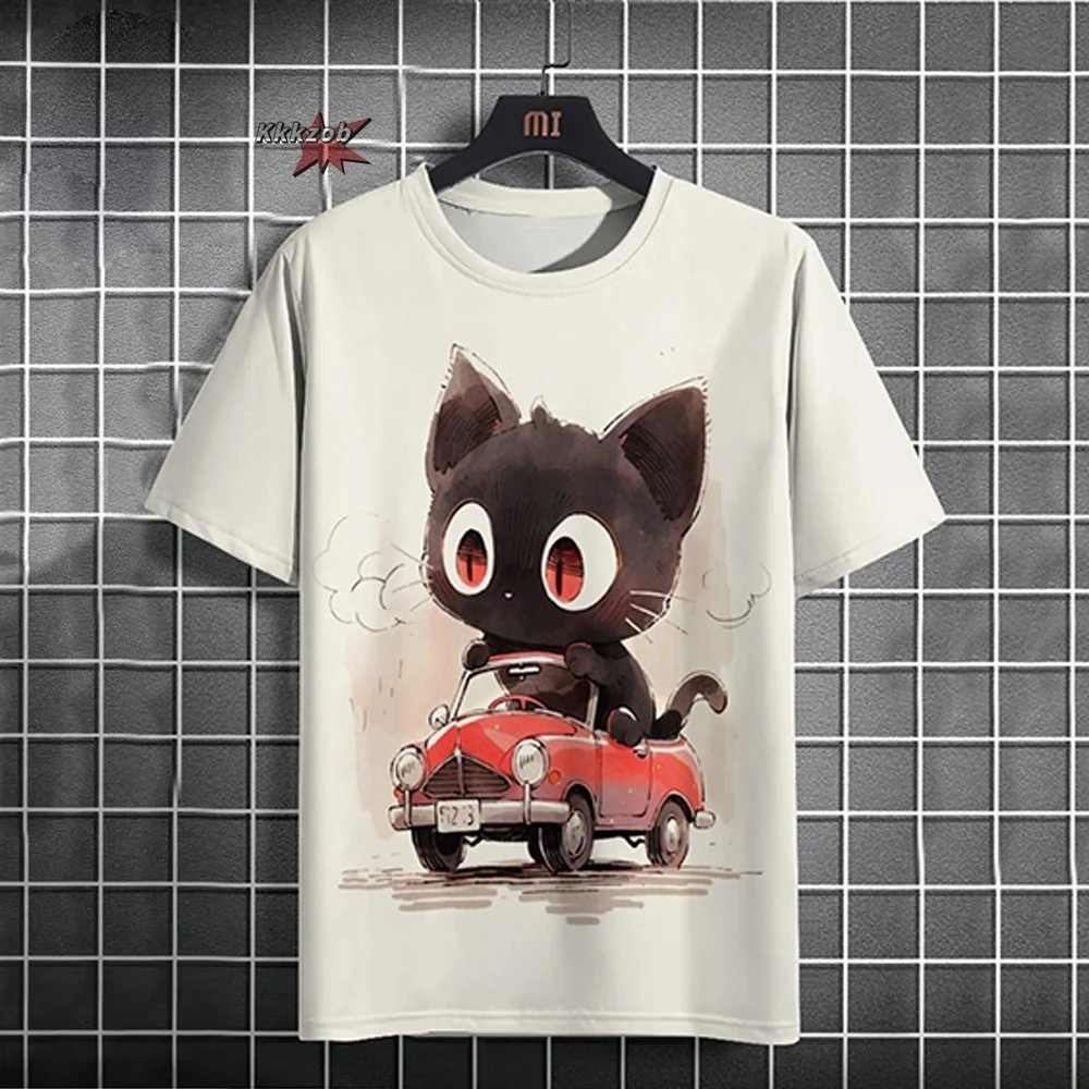 Japanese Ukiyo-E Cute Cat Pattern Round Neck Men's Short Sleeved Daily Oversized T-Shirt Harajuku Y2k T-Shirt T-Shirt Men Top