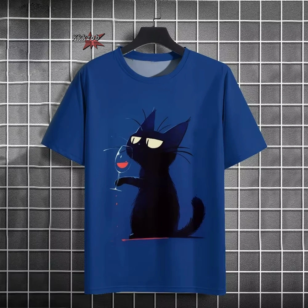 Japanese Ukiyo-E Cute Cat Pattern Round Neck Men's Short Sleeved Daily Oversized T-Shirt Harajuku Y2k T-Shirt T-Shirt Men Top