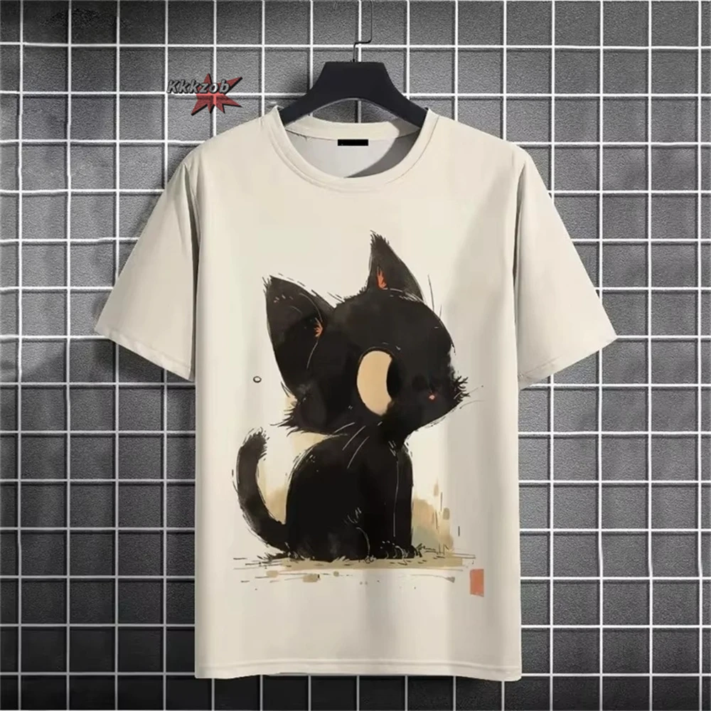 Japanese Ukiyo-E Cute Cat Pattern Round Neck Men's Short Sleeved Daily Oversized T-Shirt Harajuku Y2k T-Shirt T-Shirt Men Top