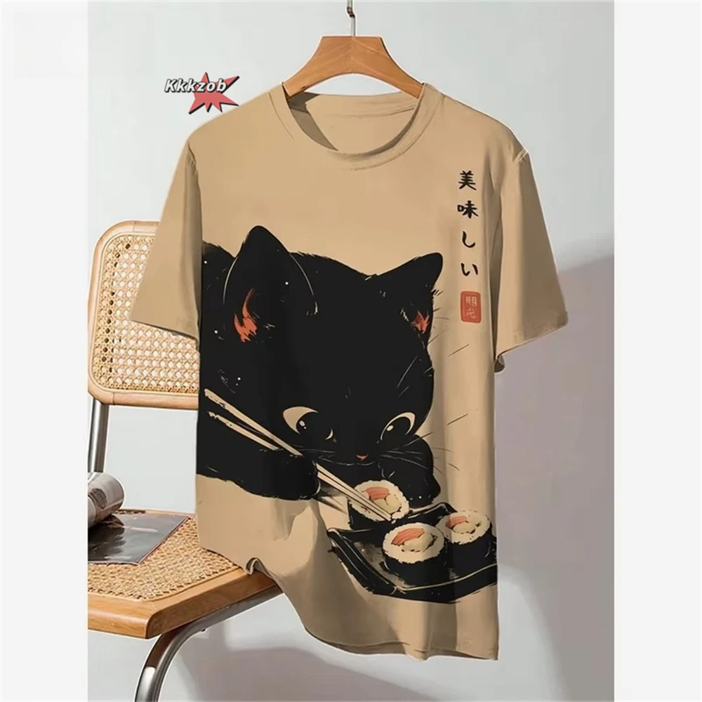 Japanese Ukiyo-E Cute Cat Pattern Round Neck Men's Short Sleeved Daily Oversized T-Shirt Harajuku Y2k T-Shirt T-Shirt Men Top
