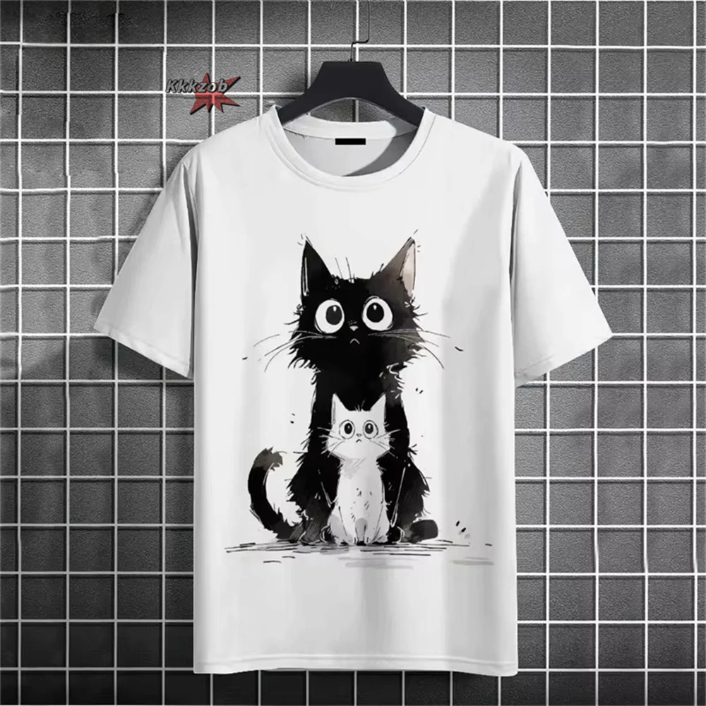 Japanese Ukiyo-E Cute Cat Pattern Round Neck Men's Short Sleeved Daily Oversized T-Shirt Harajuku Y2k T-Shirt T-Shirt Men Top