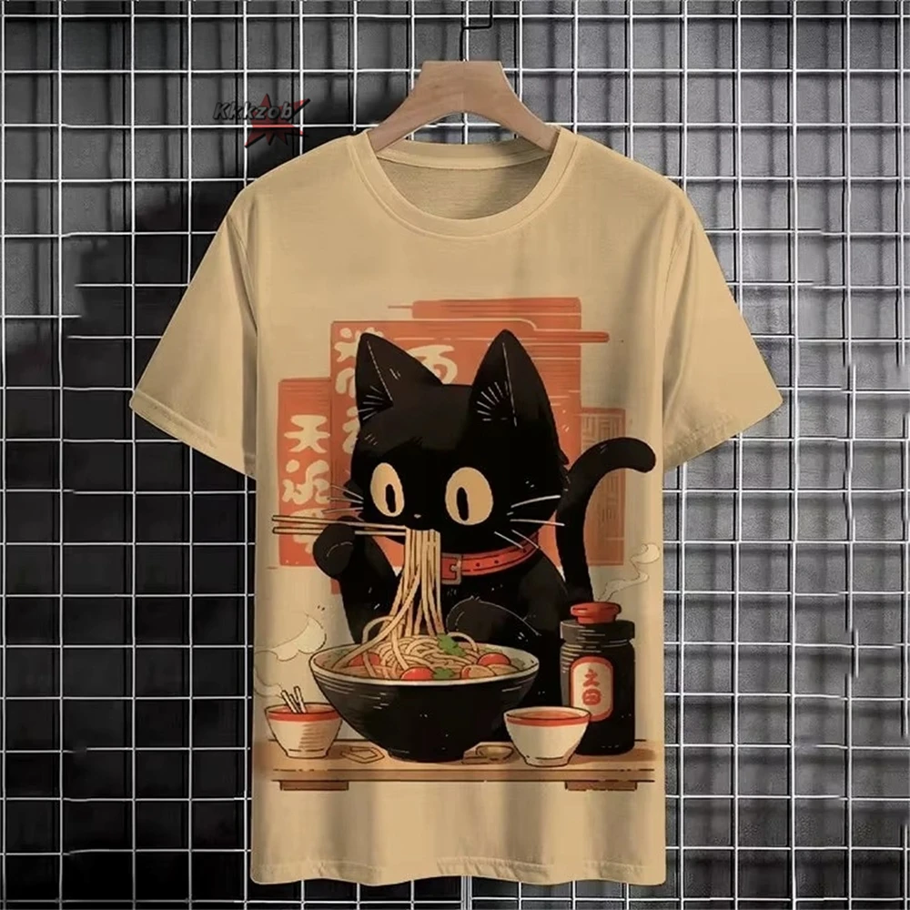Japanese Ukiyo-E Cute Cat Pattern Round Neck Men's Short Sleeved Daily Oversized T-Shirt Harajuku Y2k T-Shirt T-Shirt Men Top