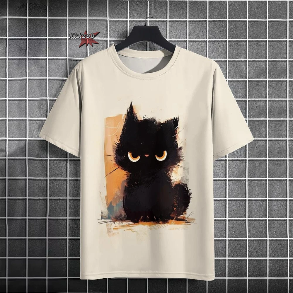Japanese Ukiyo-E Cute Cat Pattern Round Neck Men's Short Sleeved Daily Oversized T-Shirt Harajuku Y2k T-Shirt T-Shirt Men Top